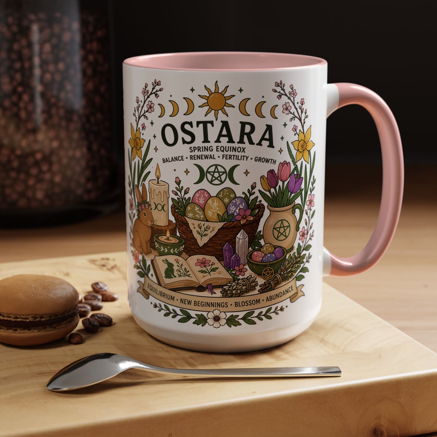 Spring Equinox Witchy Ceramic Coffee Cup | Pagan Gift | Ostara Decor | Boho Floral Rabbit Mug