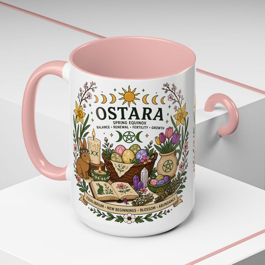 Spring Equinox Witchy Ceramic Coffee Cup | Pagan Gift | Ostara Decor | Boho Floral Rabbit Mug