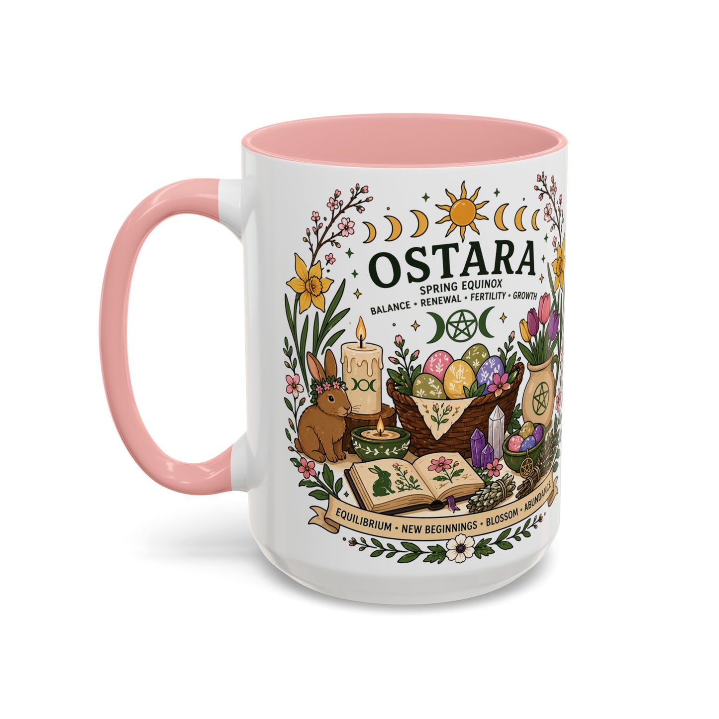 Spring Equinox Witchy Ceramic Coffee Cup | Pagan Gift | Ostara Decor | Boho Floral Rabbit Mug