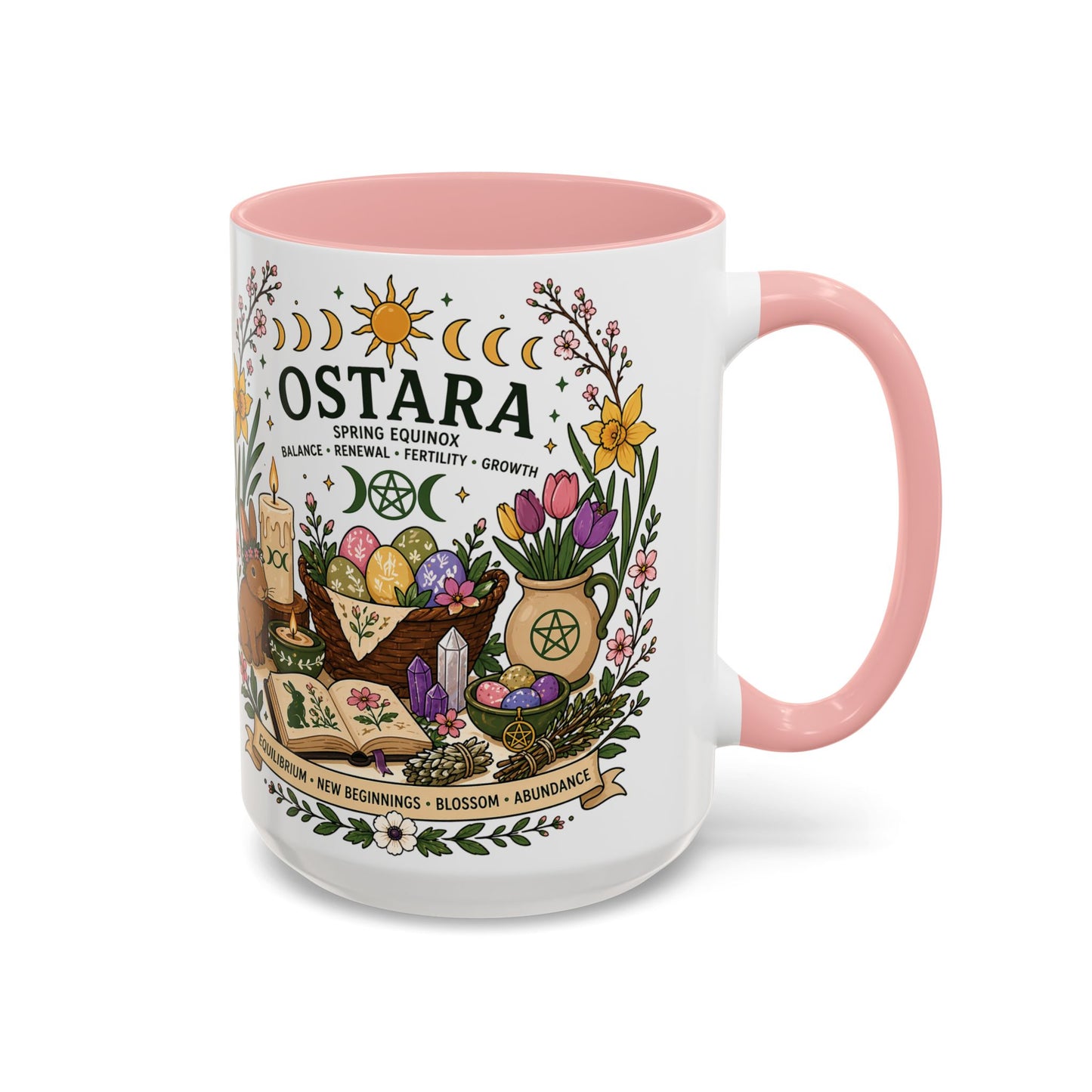 Spring Equinox Witchy Ceramic Coffee Cup | Pagan Gift | Ostara Decor | Boho Floral Rabbit Mug
