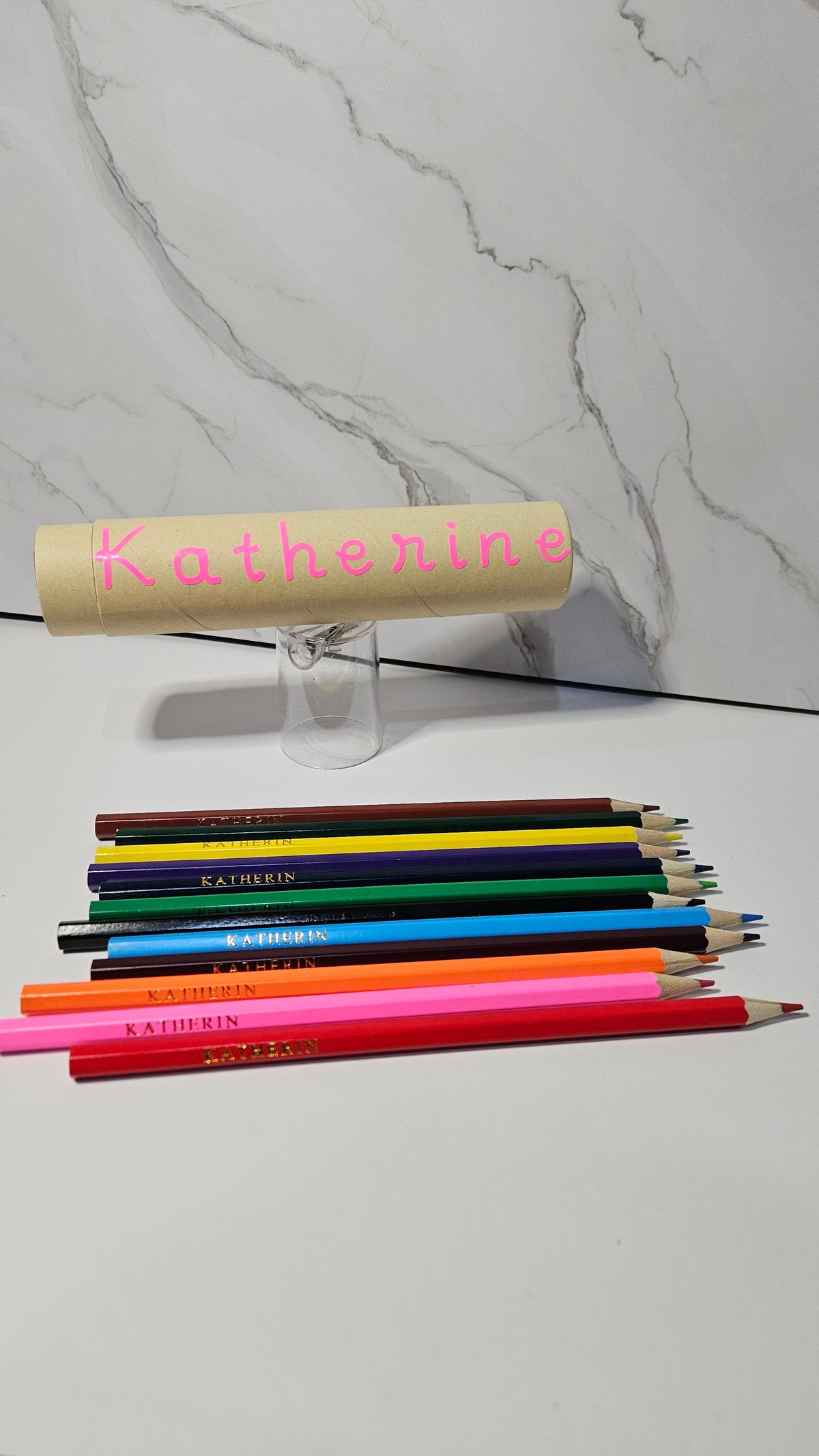 Set of 12 colored pencil with tube case and sharpener. Personalized white foil