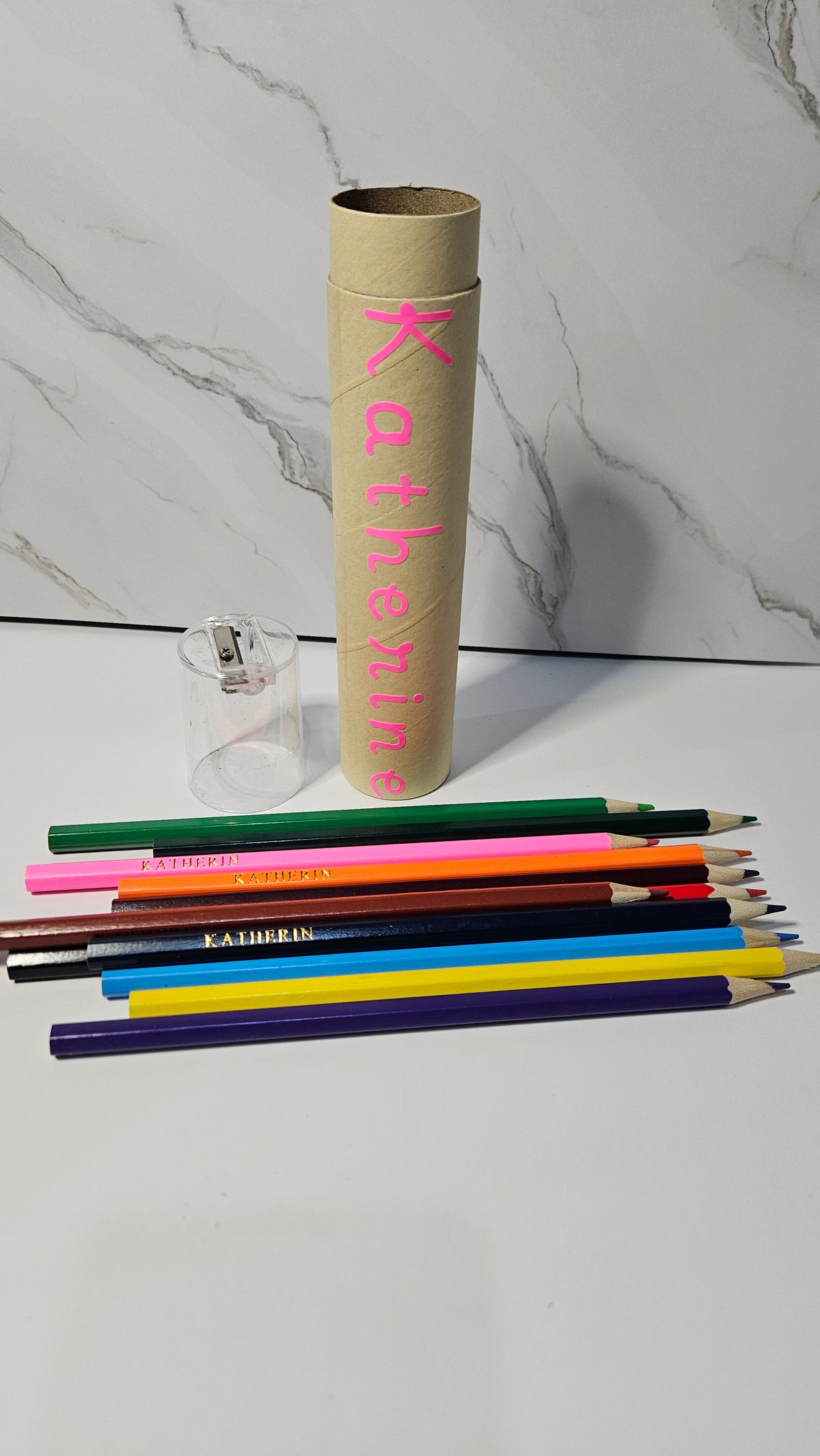 Set of 12 colored pencil with tube case and sharpener. Personalized white foil